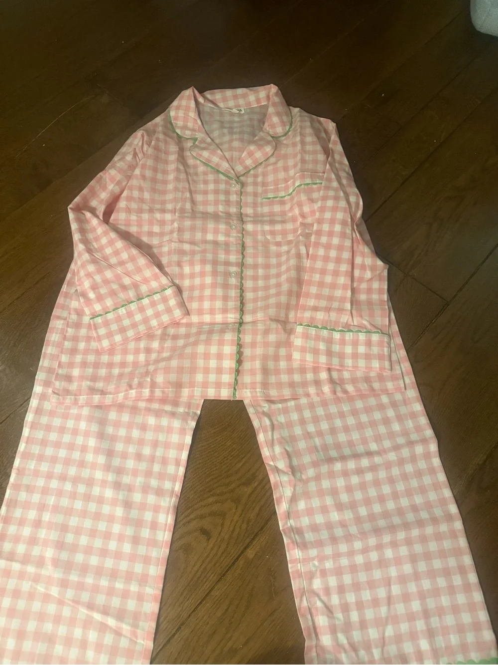 Pink Gingham Women’s Pajama Top with Green Trim